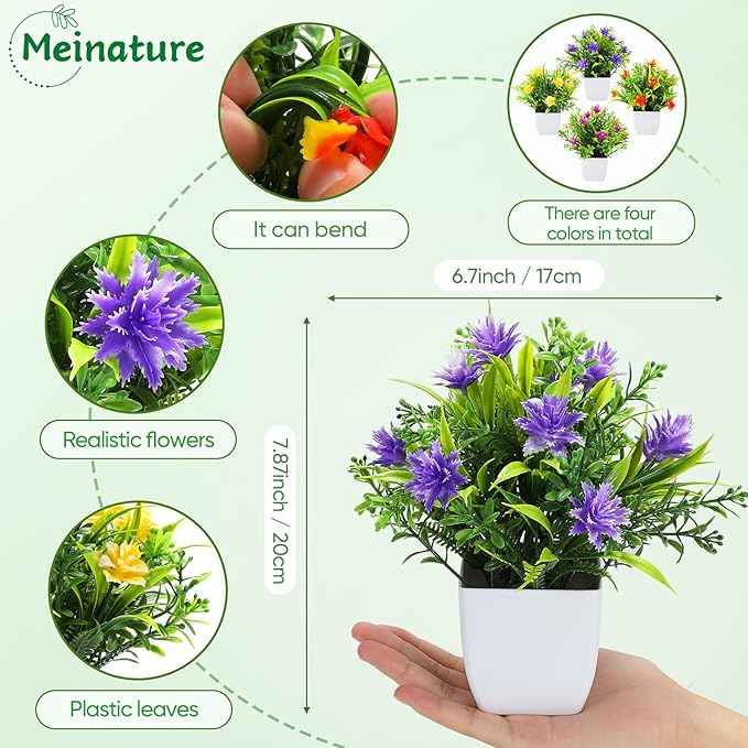 Fake Plants 4 Packs, Small Artificial Plants with Flowers, Black Faux Plants for Bathroom, Office, Home, Conference Table Decor, Indoor Desk Decor for Library, Restaurant