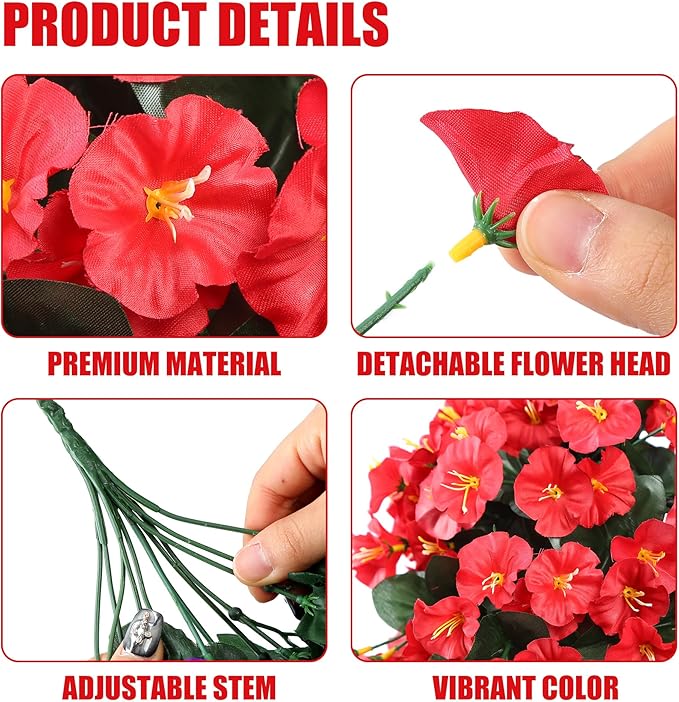 Sggvecsy Artificial Fake Hanging Flowers Plants for Outdoor Outside Spring Summer Decoration 4PCS Faux Silk UV Resistant Realistic Morning Glory Trailing Vines for Home Porch Patio Balcony(Red)