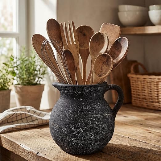 Potchen Rustic Kitchen Utensil Holder with Handle,7.48" H Ceramic Vintage Utensil Crock for Countertop, Farmhouse Kitchen Decoration Ceramic Pot for Spatulas Spoons Tongs(Classic,Antique Black Gold)