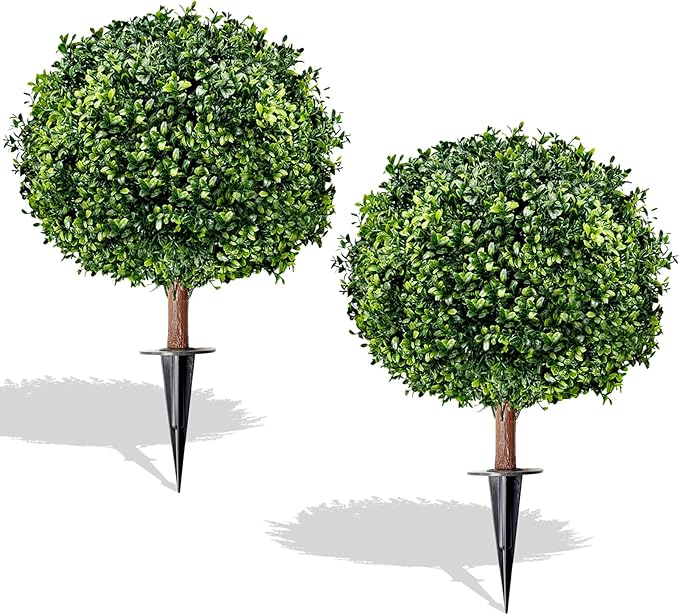 Artificial Boxwood Topiary Ball Trees, Set of 2 UV Resistant Fake Evergreen Shrubs Bushes Plants with Ground Spike, 18" Fake Plants for Outdoor Indoor Front Porch Garden