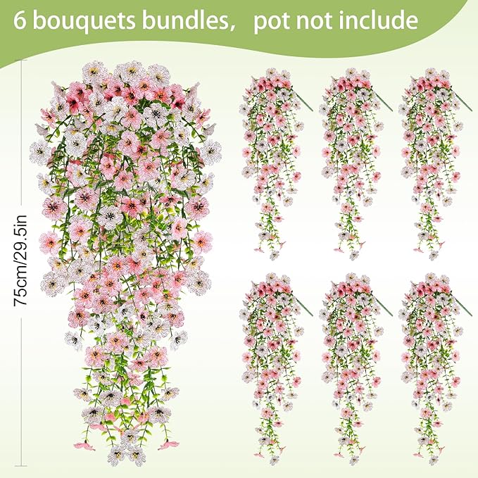 Artificial Flowers for Outdoors Spring Decor, 6 Bundles UV Resistant Realistic Faux Silk Hanging Flowers, Fake Plants for Planter Indoor Outside Garden Porch Patio Balcony Yard (Pink White)
