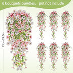 Artificial Flowers for Outdoors Spring Decor, 6 Bundles UV Resistant Realistic Faux Silk Hanging Flowers, Fake Plants for Planter Indoor Outside Garden Porch Patio Balcony Yard (Pink White)