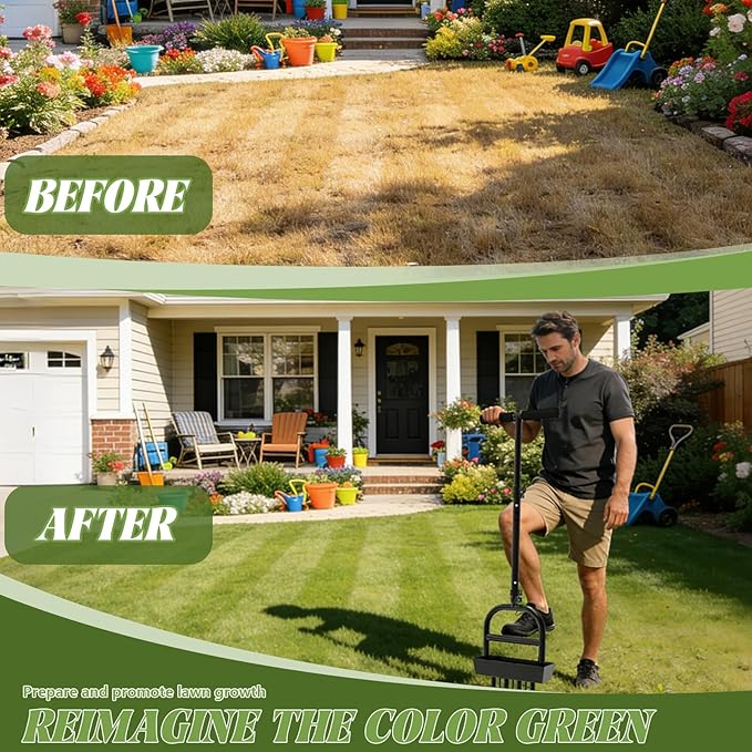 COZEER Lawn Aerator Tool with 4 Hollow Tines & 3 Spike Tines, Aerator Lawn Tool with Soil Core Storage Tray, Grass Aerator for Yard Aerator, Manual Lawn Core Aerator & Yard Aerator Garden Tool