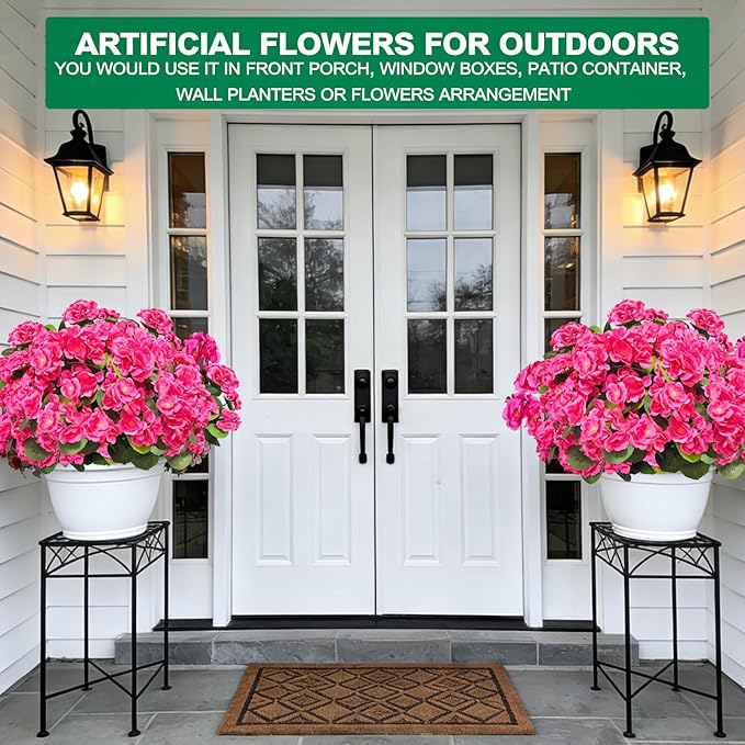 8 Bundles Artificial Geraniums Flowers for Outdoors Summer Decoration, Fake Flowers Silk Pink Flower UV Resistant No Fade Look Real Faux Plants for Porch Gardens Planter Patio Indoor Cemetery Decor