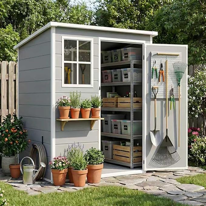 5x3 FT Outdoor Storage Shed with Floor & Window, All-Weather Resin Garden Tool Shed, Waterproof Plastic Garden Shed with Lockable Door, Vents & Roof Rainwater Drainage for Backyard, Garden, Poolside