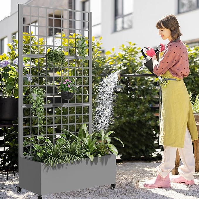 Casaphoria Metal Raised Garden Bed with Trellis and Wheels, 72"x35"x16" Planter Box for Climbing Plants, Vegetables & Vines, Features Drainage Holes and Privacy Screen (Gray-Grid)