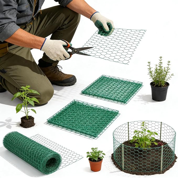 16ftx11.8In Plant Protectors from Animals,Plant Cages for Outdoor Plants,Wire Plant Protector Cage,Wire Plant Protector,Chicken Wire Cloche with Ground Stakes & Nylon Ties Protect Plants from Animals