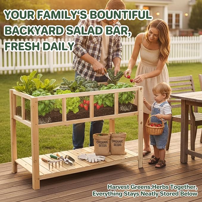 Raised Garden Bed Outdoor with Shelf, 43.7''x23.2''x30.7''Wood Planter Box with Transparent Window, Drainage Holes, Liner, Garden Beds Flower Stand for Balcony Kitchen, Gift for Gardening