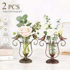 2 Pack Desktop Plant Terrarium,Bird Art Glass Propagation Vase, Propagation Planters with Vintage Metal Frame, Suitable for Decoration of Desktop Hydroponic Plants in Office and Living Room