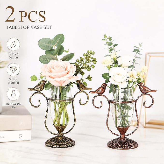 2 Pack Desktop Plant Terrarium,Bird Art Glass Propagation Vase, Propagation Planters with Vintage Metal Frame, Suitable for Decoration of Desktop Hydroponic Plants in Office and Living Room