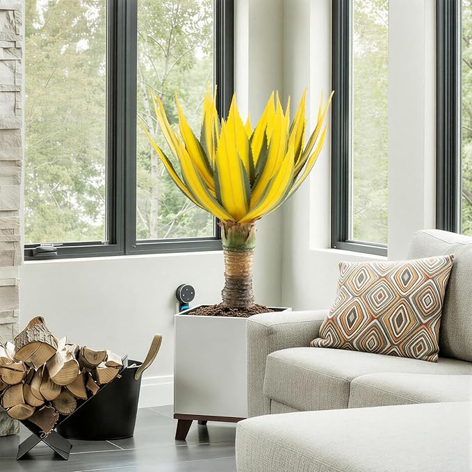 Artificial Green Edged Gold Leaf Spiny Agave Plant with 23 Leaves, 31.49in Faux Agave for Indoor & Outdoor Home Decor Perfect for Porch Living Room Bedroom, Patio & Office