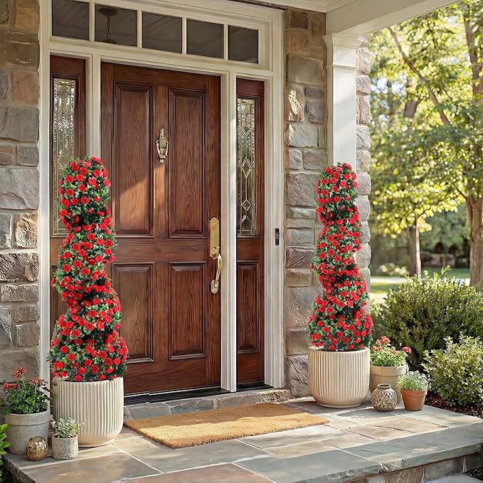 PATIO CHOICE 3ft Artificial Topiary Spiral Trees with Rose Set of 2 36" High End Outdoor Faux Plants Realistic Faux Bushes and Shrubs Decorations for Outdoor Front Porch Garden