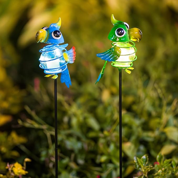Birds Solar Garden Lights, 26" H Whimsical Decorative Solar Stake Light, 2 Pcs Outdoor Parrot Statues Figurine Lights for Garden Lawn Patio Yard Decoration