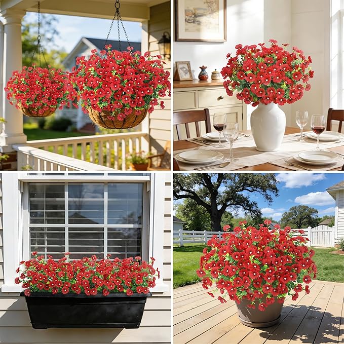 24 Bundles Artificial Flowers for Outdoors Fake Silk Flowers UV Resistant Faux Plants Eucalyptus for Spring Summer Decoration Planters Table Vase Garden Yard Porch Window Home Decor, Red