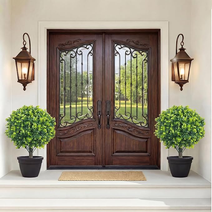PATIO CHOICE Topiary Trees Artificial Outdoor Boxwood Ball Trees with Ground Spike Set of 2 22" Fake Outdoor Plants Faux Bushes and Shrubs Decorations for Outdoor Indoor Front Porch Garden