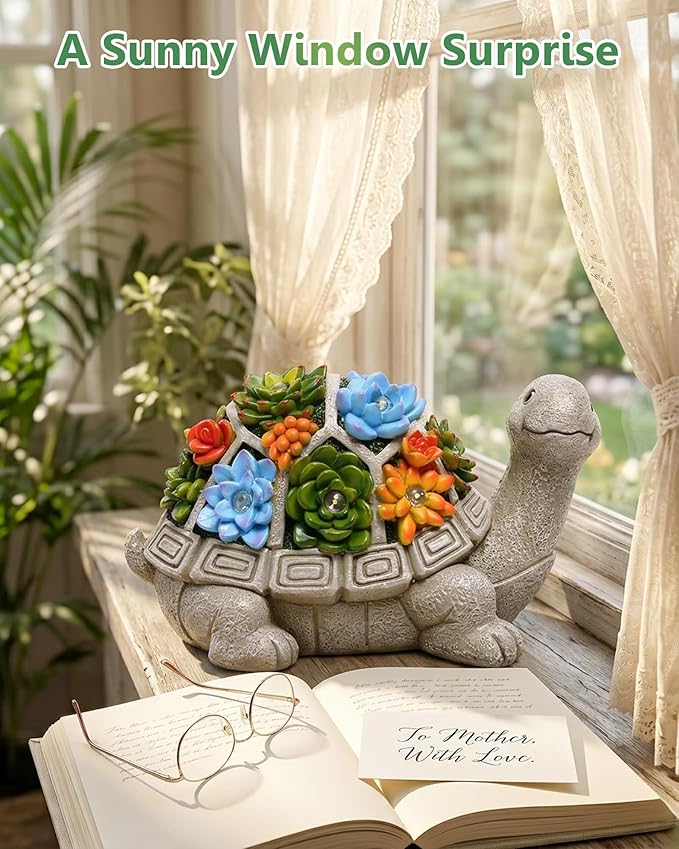 Nacome Solar Garden Outdoor Statues Turtle with Succulent and 7 LED Lights - Lawn Decor Statue for Patio, Balcony, Yard Ornament - Gifts for Mom Grandma Women