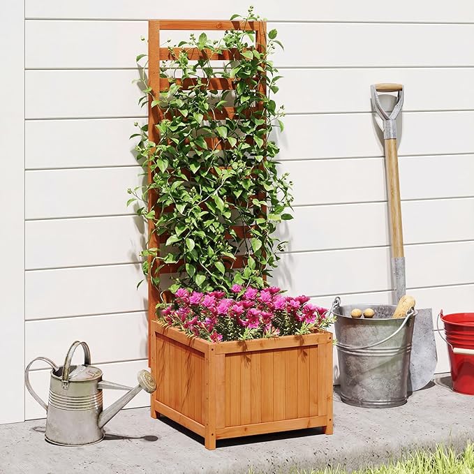 HAPPYGRILL Raised Garden Bed with Trellis, 48" Wood Elevated Planter Box w/Drainage Holes & Gaps for Climbing Plants Vines Flowers, Indoor Outdoor Privacy Fence Planter Raised Bed for Patio Yard (2)