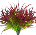 Uieke 28 Bundles Artificial Outdoor Plants UV Resistant Fake Grass Plants Faux Plastic Plants Greenery Shrubs for Home Garden Pathway Window Box Front Porch Summer Fall Decor, Deep Red