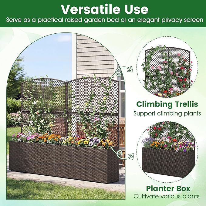 Happygrill Raised Garden Bed with Trellis, 58" Wicker Planter Box with Privacy Screen, Liner, Drainage for Patio Balcony, Outdoor PE Rattan Elevated Garden Bed for Climbing Plant Vine Flower (Brown,2)