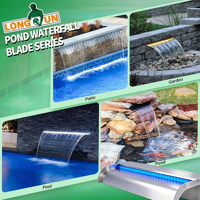 with lid Waterfall Pool Fountain, LONGRUN Stainless Steel Waterfall Spillway for Pools and Ponds - 35.4" Wide Decorative Water Feature for Swimming Pools, Koi Ponds and Garden