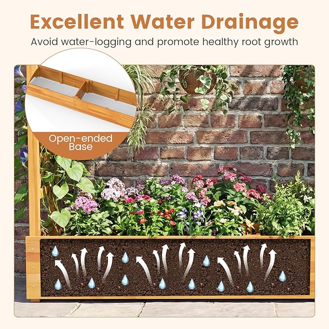Happygrill 45" Raised Garden Bed with Trellis, 2 Pack Wood Planter Box w/Hanging Roof, 2 Side Trellises, Open-Ended Base for Flower, Climbing Plant, Plant Container for Garden