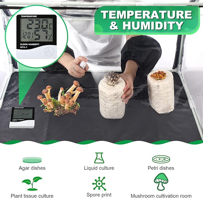 Meonum Large Still Air Box Mushroom Grow Tent, 30x20x20 in Mycology Fume Hood Propagation Stations with LED Growing Light and Thermometer, Monotub Kit for Grow Bags, Growers, Home Scientists(Clear)
