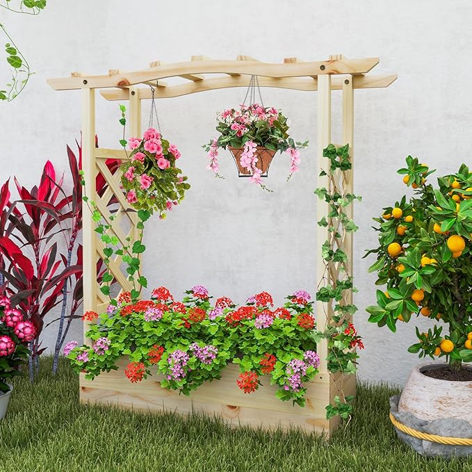 Giantex Set of 2 Raised Garden Bed with Sided Trellis & Hanging Roof, Wood Planter Box, Freestanding Garden Planter Raised Bed for Flowers Herbs Climbing Vines 44”x14”x45” (L x W x H)