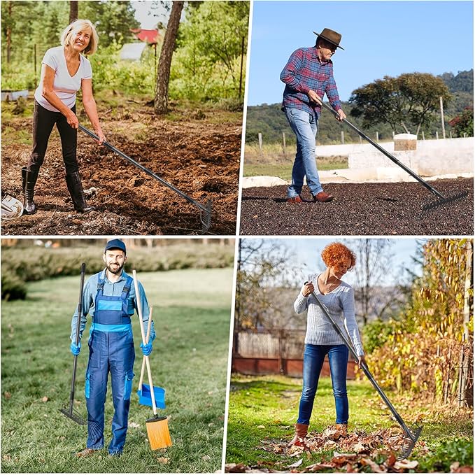 77'' Bow Rake Heavy Duty Garden Rake with Stainless Steel Handle,Tines Metal Head Rake Tool for Loosening Soil Gathering Leaf Leveling Lawn Farming Land Management Yarn Thatch Rake