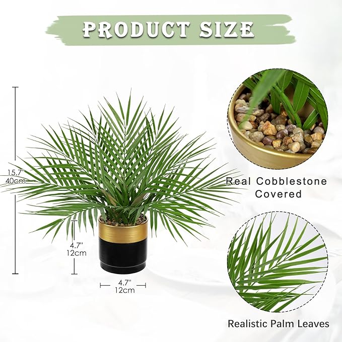 Briful Fake Plant 15.7’’ Artificial Palm Plant in Gold Black Pot Real Touch Faux Tropical Palm Tree Houseplant for Home Indoor Living Room Tabletop Balcony Decorations