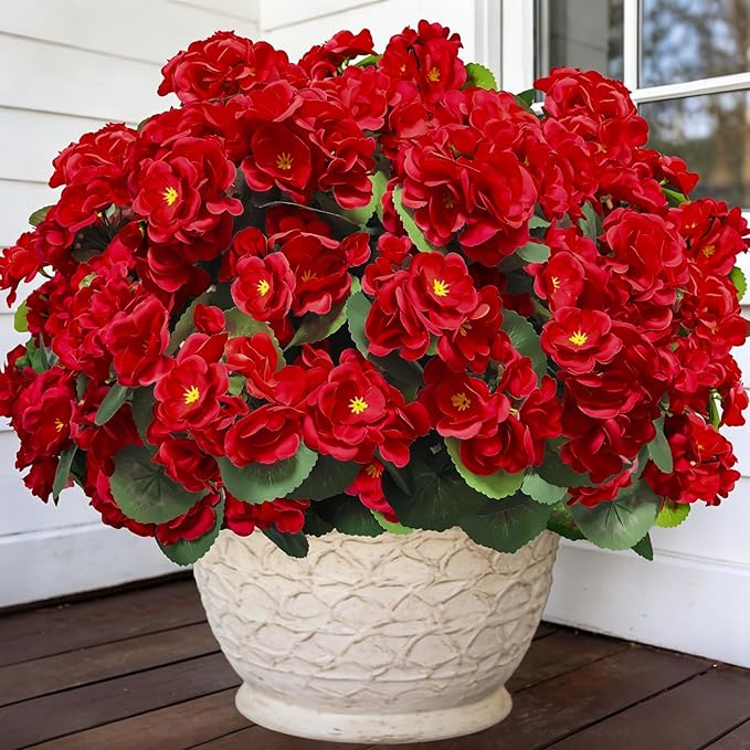 Artificial Geraniums Flowers for Outdoors Mother's Day Derby Day Decor, 4 Bundles Fake Flowers Silk Red Flowers UV Resistant No Fade Faux Plants for Garden Planter Patio Indoor Cemetery Summer Decor