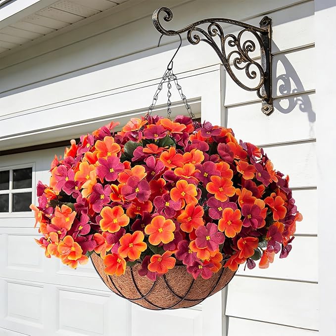 INXUGAO Artificial Hanging Flowers with Basket for Outdoor, Fake Hydrangea UV Resistant Arrangements in Pot Planter Spring Summer Decor for Indoor Porch Garden Yard(Orange Brown)