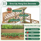 Raised Garden Bed with Trellis & Top Shelf, Outdoor Elevated Planter Box with 2 Planting Areas, Liner & Metal Corners for Climbing Plants, Vegetables, Herbs