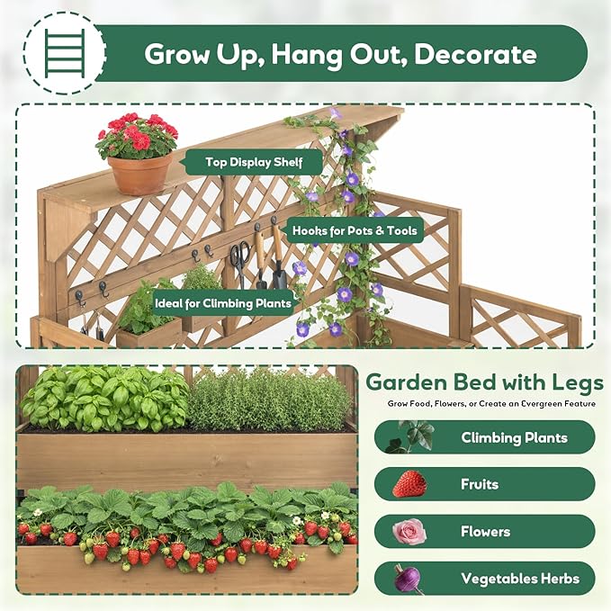 Raised Garden Bed with Trellis & Top Shelf, Outdoor Elevated Planter Box with 2 Planting Areas, Liner & Metal Corners for Climbing Plants, Vegetables, Herbs