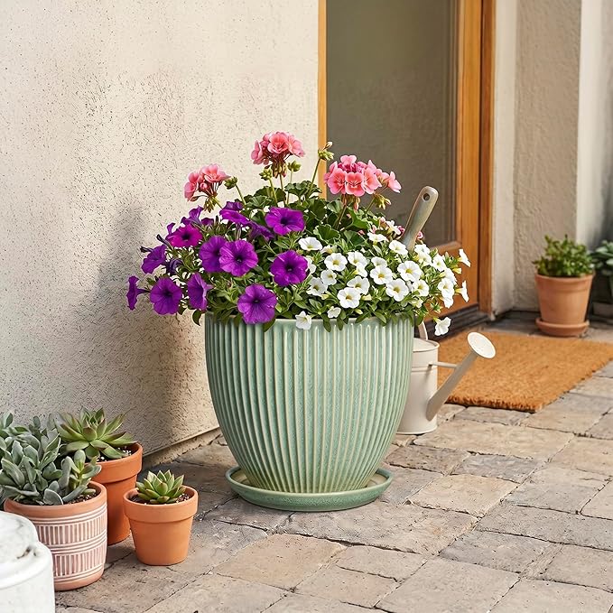 Ceramic Flower Pots, 10 Inch Plant Pot for Indoor Plants, Modern Round Planters with Drainage Hole and Saucer, Decorative Pots for Plants Indoor, Garden Home Decor, Plant Lover Gifts, Green