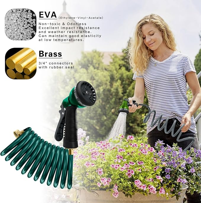 Coil Hose 10FT EVA Coil Garden Hose With 3/4'' Brass Connector Coiled Water Hose Lightweight And No Kink Includes 7 Patterns Spray Nozzle For Outdoors Lawn Watering Car Washing