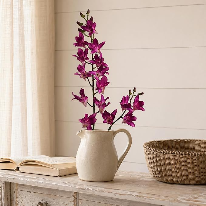 Larksilk 34" Purple Silk Dendrobium Orchid – Realistic Faux Orchid Stem with 17 Lifelike Flowers for Vases & Decor