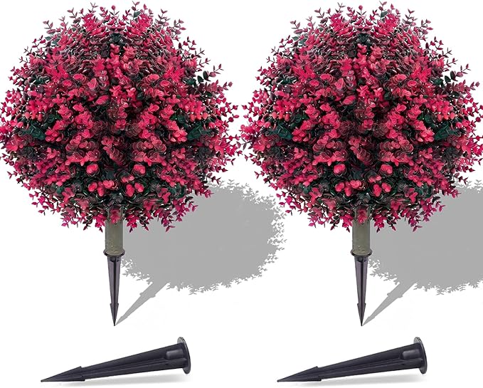 PATIO CHOICE Topiary Trees Artificial Outdoor Boxwood Ball Trees with Ground Spike Set of 2 22" Fake Outdoor Plants Faux Bushes and Shrubs Decorations for Outdoor Indoor Front Porch Garden