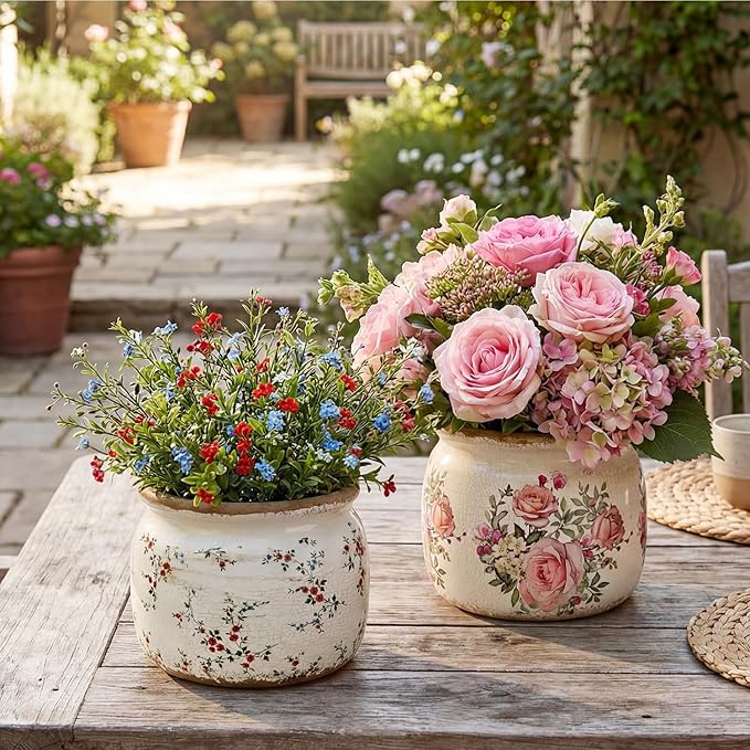 2 Pcs Vintage Planter Ceramic Plants Pot with Drainage Ice Crack Scroll Flower Vase Pot for Indoor Outdoor Plants Home Kitchen Decor Gifts(Farmhouse Rose,5.9")