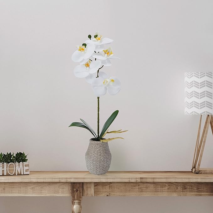 Mikasa Artificial Orchid in Pot, Real Touch Phalaenopsis Orchid, Embossed Weave Cement Pot, 16-Inch Single Branch, White/Yellow