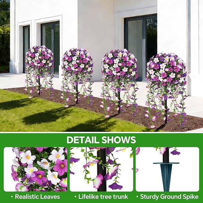 Artificial Morning Glory Topiary Trees Set of 2, Purple Fake Shrubs Bushes with Ground Spike, Faux Evergreen for Porch Plants, UV Resistant Artificial Flowers for Outdoors Indoor Front Garden