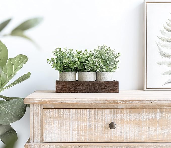 Dahey 3 Pack Mini Potted Artificial Eucalyptus Fake Plants with Wood Tray Centerpiece Table Decorations, Farmhouse Pulp Flower Pots Greenery Home Decor for Coffee Table Dining Room Office Kitchen