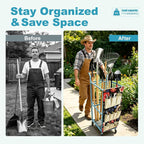 Garden Tool Organizer with Wheels Heavy Duty Yard Tool Organizer Rack with Side Storage Pockets Sturdy Metal Steel Holder with 6 Hooks for Garage, Yard, Patio, Shed