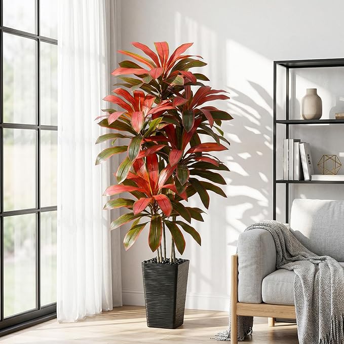 Artificial Dracaena Tree：5FT Faux Silk Tropical Yucca Floor Trees Realistic Fake Green Plant with Natural Wood Trunk & Lifelike Leaves for Home Office Decor Indoor & Outdoor (5FT,1-Pack,Black)