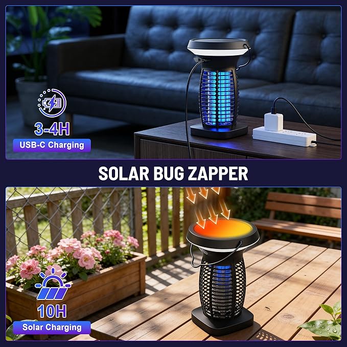 Solar Bug Zapper Outdoor, Rechargeable & Solar Powered, 4200V High Voltage for Effective Mosquito & Multi-Insect, Pet/Child Safe with UV Light, Waterproof for Camping Courtyard Indoor Outdoor