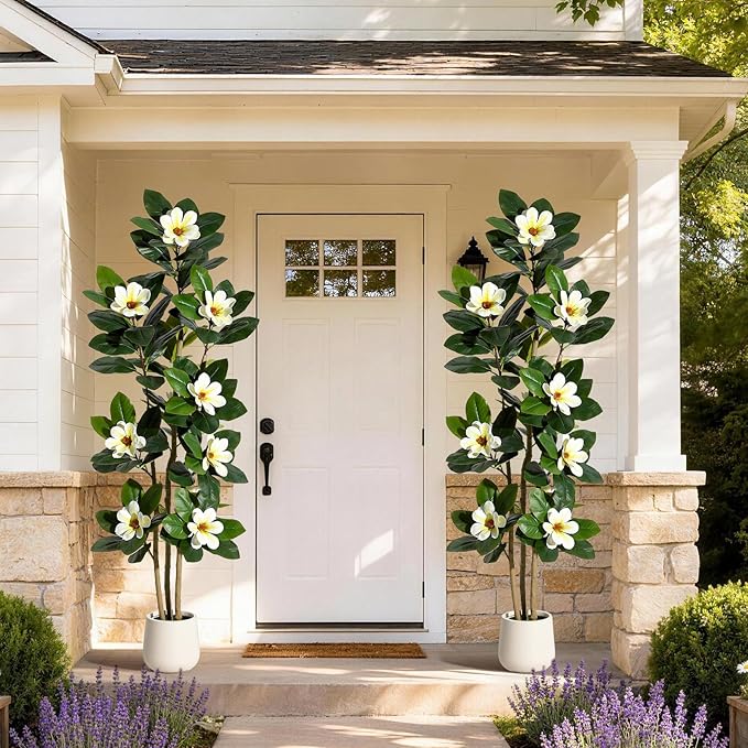 GarveeHome Faux Rubber Tree, 72 Inch Artificial Plants Indoor with Real Touch Leaves and Multi Trunks, Artificial Tree Fake Potted Plants with White Flowers for Home Decor Office Living Room