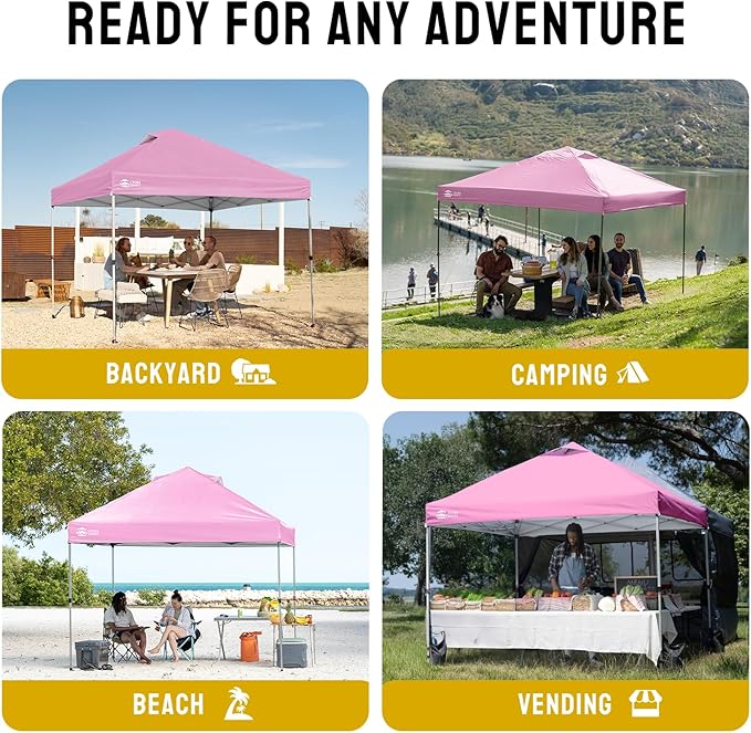 CROWN SHADES 10x10 Pop Up Canopy - Beach Tent with One Push Setup - Easy Outdoor Sun Shade for Events, Parties, Camping - Gazebo with STO-N-Go Cover Bag, Silver Coated Top, Pink