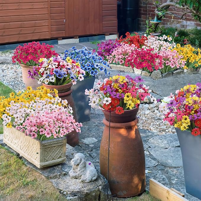 Bassion 24 Bundles Artificial Flowers for Outdoors Decoration, UV Resistant Mixed Color Silk Fake Faux Flowers Artificial Plants for Hanging Basket Outside Window Box Porch Garden Home Decor