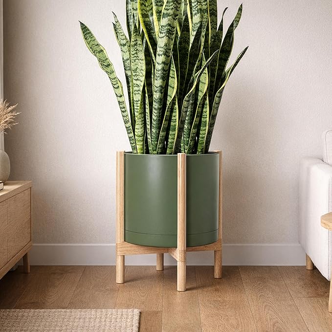 D'vine Dev Planter Pot with Stand - 16 Inch Plastic Cylinder Flower Pot with Wood Planter Holder for Indoor, Olive Pot + Natural Stand, 55-C-Y-3