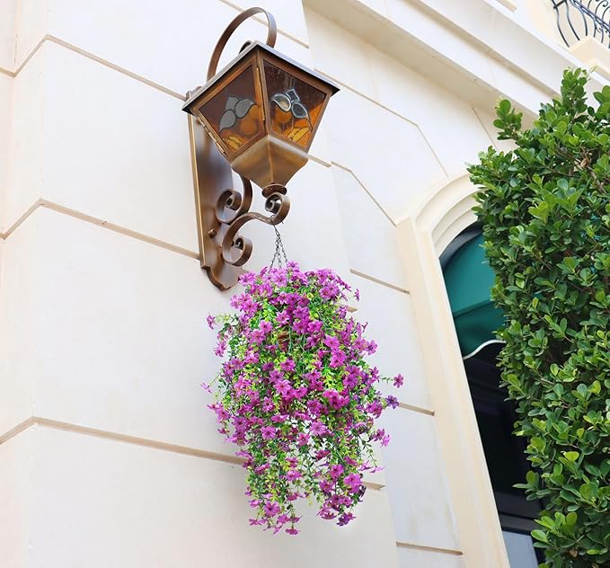 Artificial Hanging Flowers for Outdoors, 4 Pack Fake Hanging Plant for Spring Summer Decor, UV Resistant Faux Silk Flower for Planter Porch Patio Balcony Yard Decoration (Light Purple)