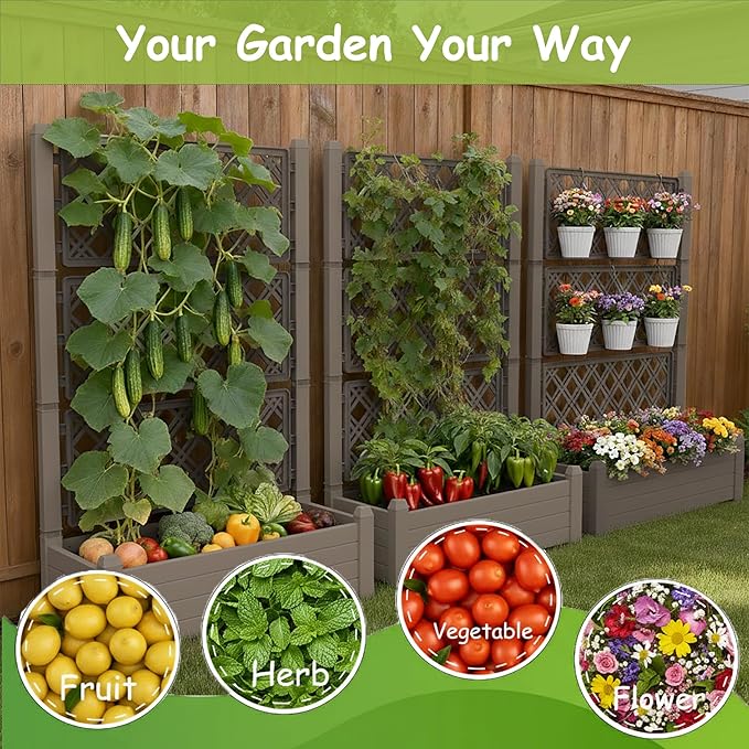 5.' Tall Raised Garden Bed with Trellis, Self Watering Planter Box for Outdoor Climbing Plants Resin Garden Lattice for Vegetables, Flowers, Tomato & Vine with Drainage Holes (Coffee, 2 Pack)
